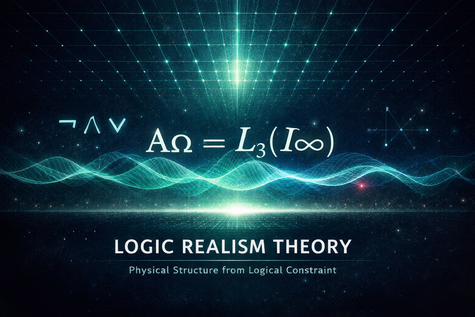 Logic Realism Theory diagram showing the relationship between I∞ (representable configuration space), L₃ logical constraints (Identity, Non-Contradiction, Excluded Middle), and AΩ (admissible physical instantiation space) - deriving quantum structure from logical foundations