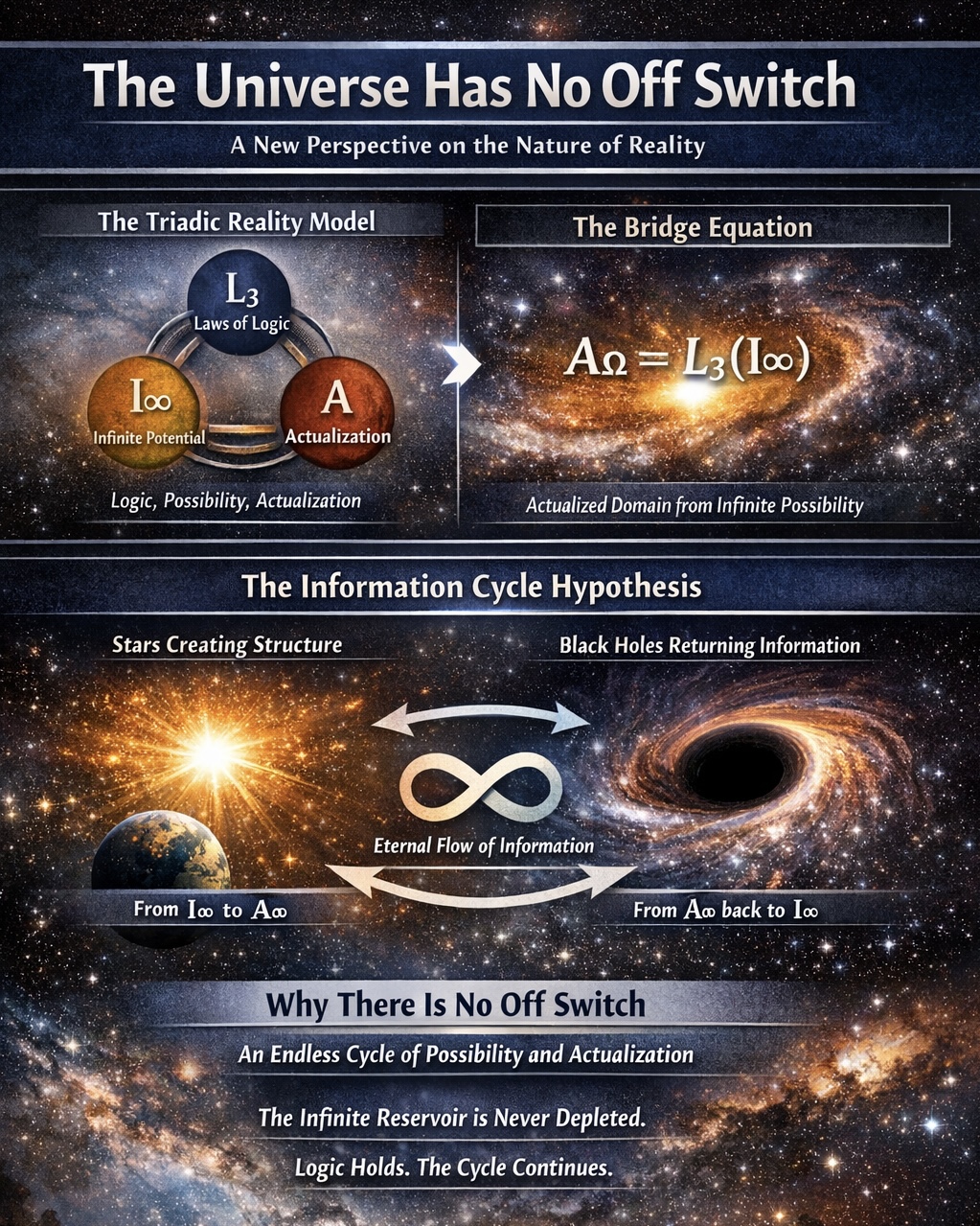 The Universe Has No Off Switch — Information Circulation Cycle infographic